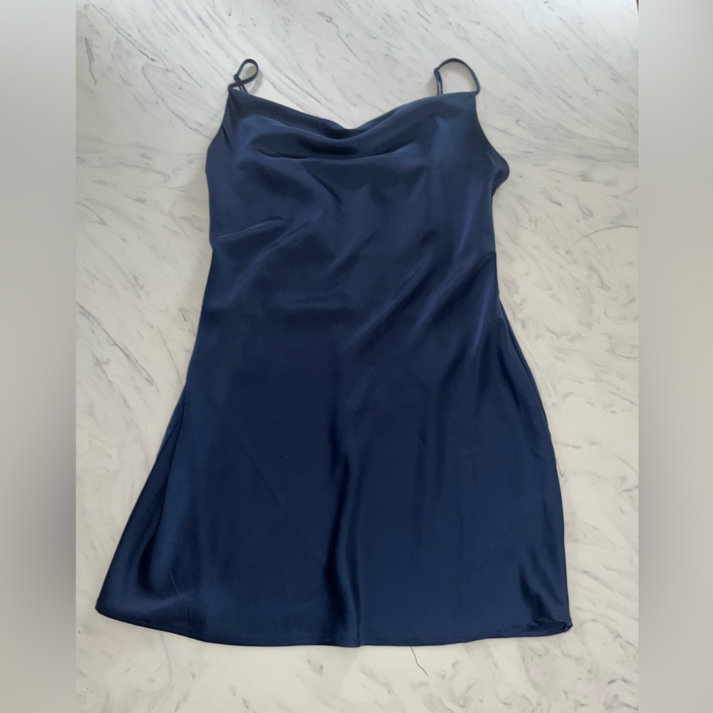 Urban Outfitters Mallory Cowl Neck Slip Mini Dress hoco l navy blue silky